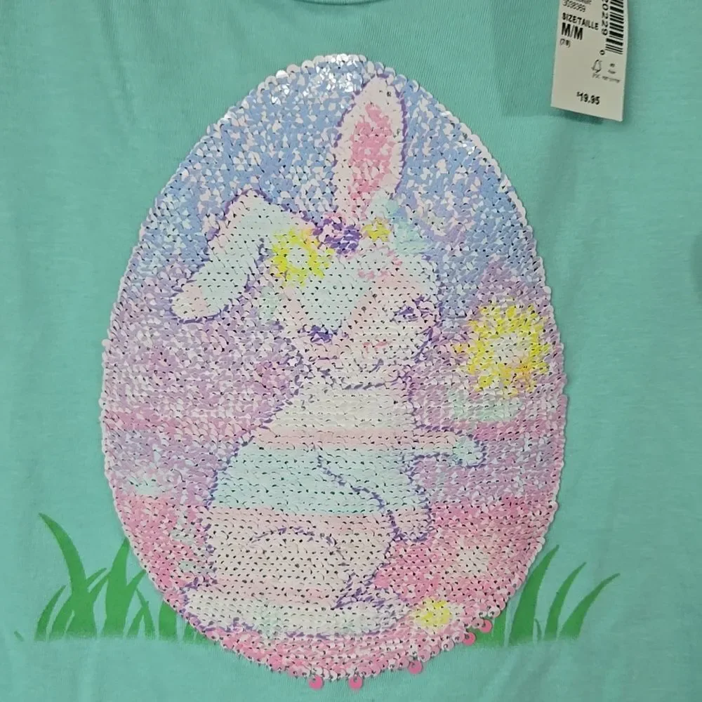 NWT Girls Flip Sequin Easter Bunny Egg Tee Aqua Knit Top The Children’s Place